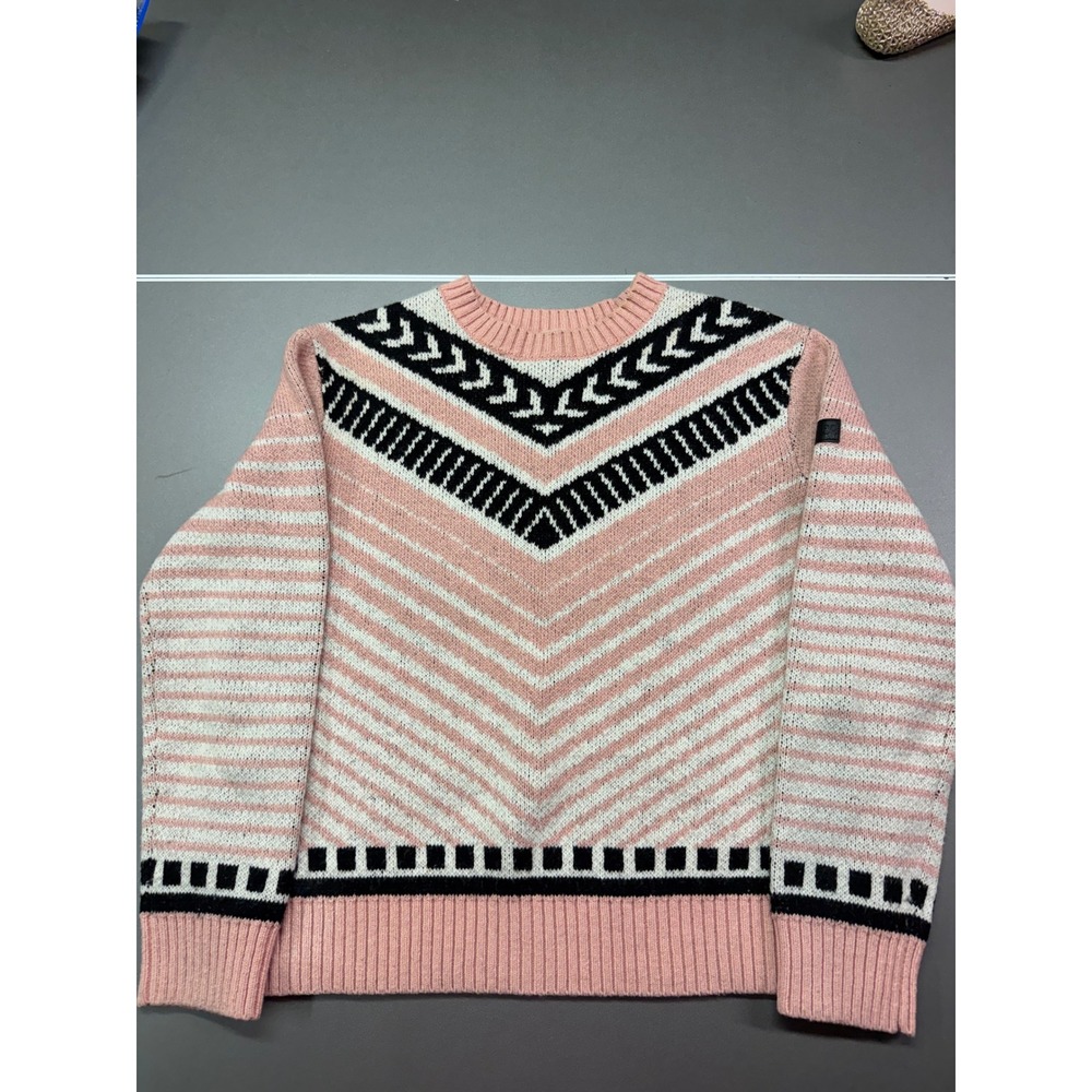 Roxy Womens Pink Black Geometric Chevron Stripe Cotton‎ Wool Blend Sweater Small